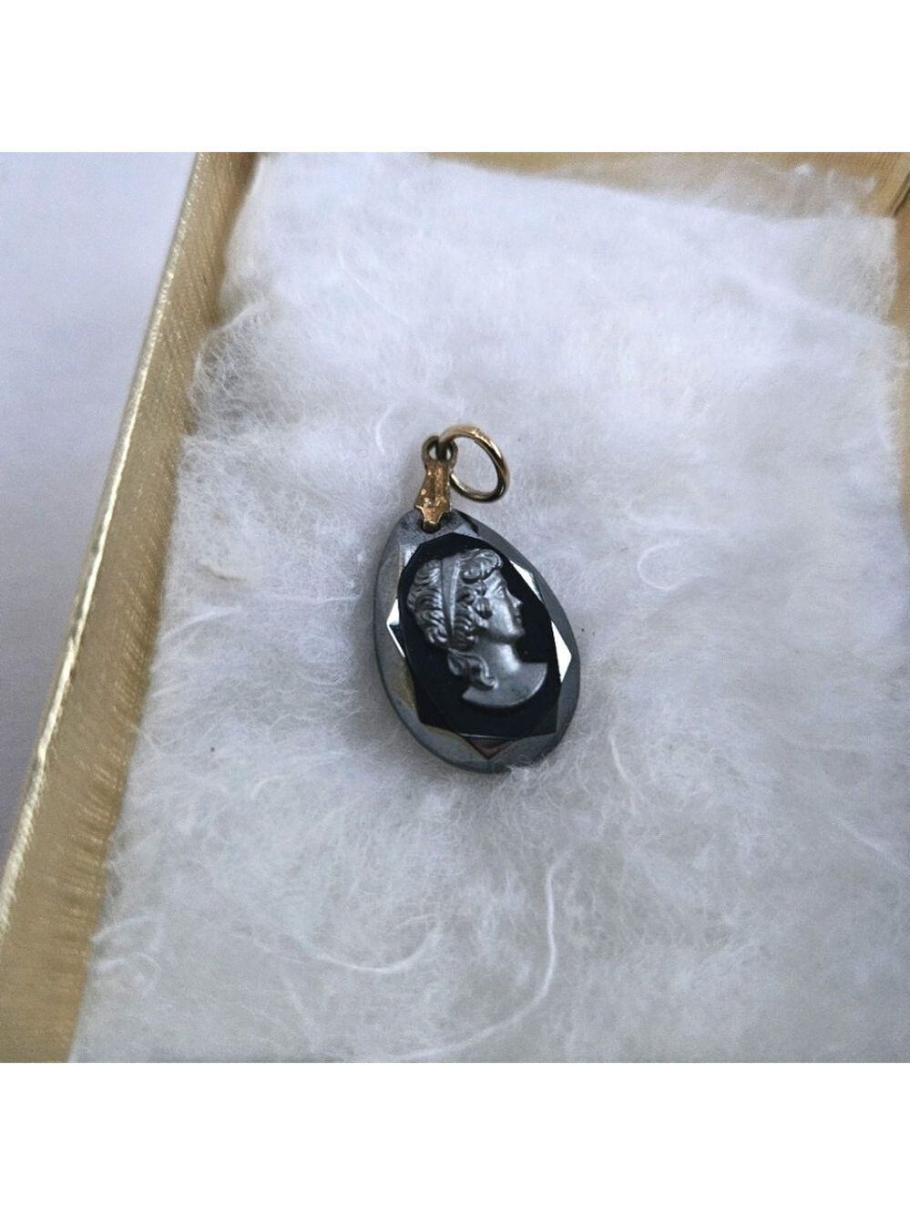 Vintage Raised Cameo Pendant On Black Faceted Glass
